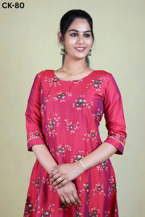 CK-80 Rani Pink Colour Raw Silk Fabric Anarkali Fit & All Over Embroidery Work With  Sequence  Top Length-46 Inch Sleeve Length-16 Inch.