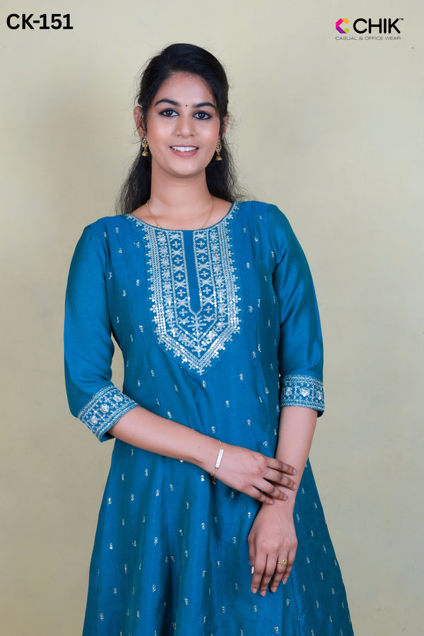 CK-151 RAMA GREEN COLOUR VICHITRA GEORGETTE  FABRIC ANARKALI FIT & YOKE EMBROIDERY WORK & ALL OVER BUTTAS WITH SEQUENCE TOP LENGTH-46' SLEEVE-16