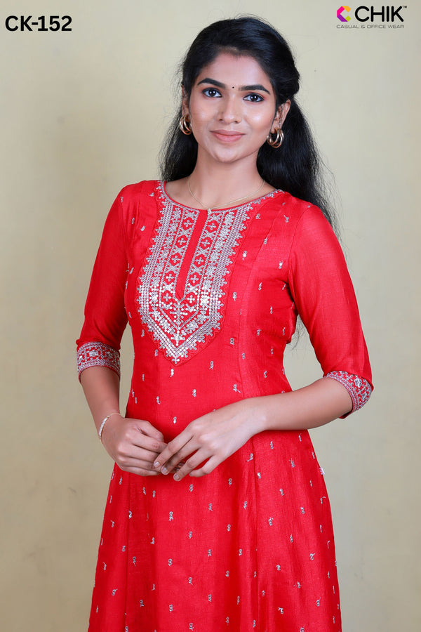 CK-152 PINK COLOUR VICHITRA GEORGETTE  FABRIC ANARKALI FIT & YOKE EMBROIDERY WORK & ALL OVER BUTTAS WITH SEQUENCE TOP LENGTH-46' SLEEVE-16