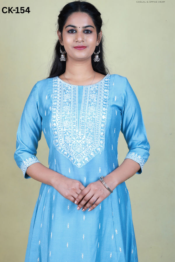 CK-154  LIGHT BLUE  COLOUR RAW SILK FABRIC ANARKALI FIT & YOKE EMBROIDERY WORK & ALL OVER BUTTAS WITH SEQUENCE TOP LENGTH-46' SLEEVE-16'