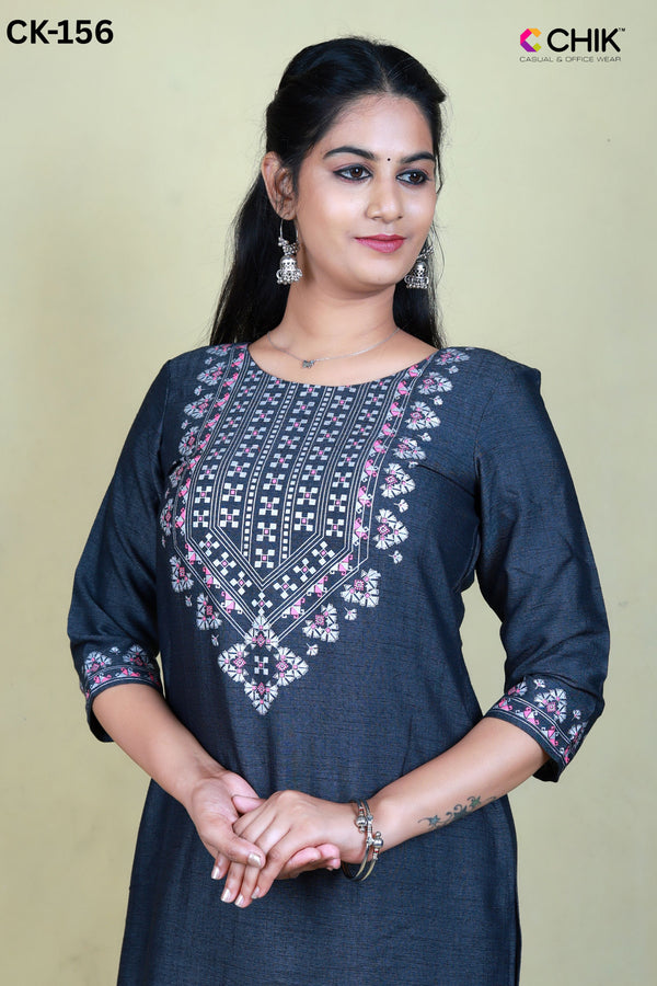 CK-156 DARK GRAY   COLOUR TWO TONE RAYON FABRIC STARIGHT CUT KURTA  FIT & SILVER CLOUR PLACEMENT PRINT TOP LENGTH-44' SLEEVE-16.