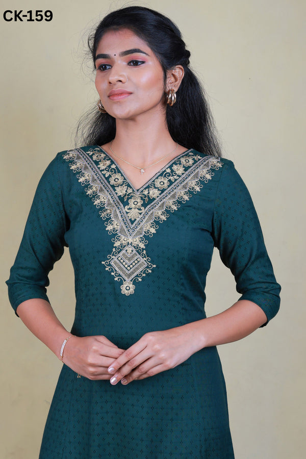 CK-159 BOTTLE GREEN COLOUR RAYON DOBBY FABRIC ANARKALI FIT & FLORAL EMBROIDERY WORK WITH GOLD ZARI TOP LENGTH-46' SLEEVE-16'.
