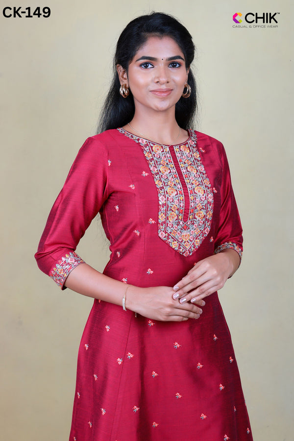 CK-149 DARK PURPLE COLOUR RAW SILK FABRIC ANARKALI FIT & YOKE EMBROIDERY WORK WITH ALL OVER BUTTAS WITH SEQUENCE TOP LENGTH-46' SLEEVE-16'.