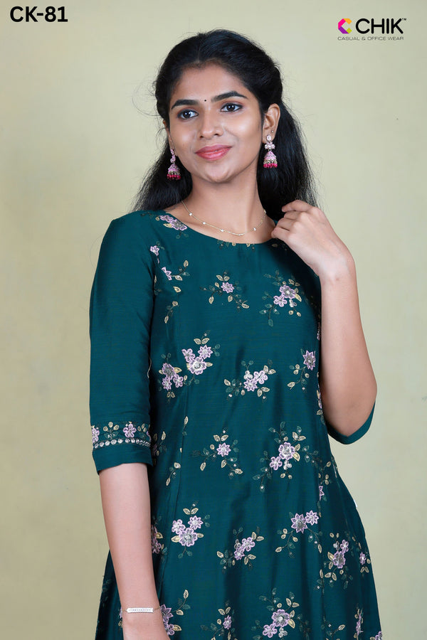CK-81 Bottle Green Colour Raw Silk Fabric Anarkali Fit & All Over Embroidery Work With  Sequence  Top Length-46 Inch Sleeve Length-16 Inch.
