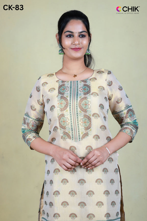 CK-83 Kerala Cream Colour Tissue Fabric Straight Cut Kuta Fit & Digital Print Top With Lining Length-44 Inch Sleeve 16 Inch.