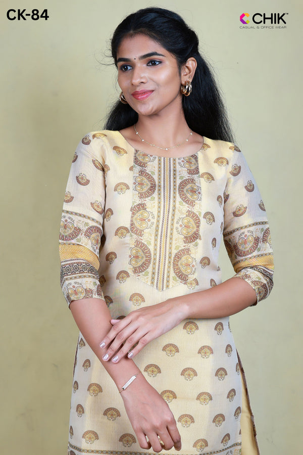 CK-84 Kerala Cream Colour Tissue Fabric Straight Cut Kuta Fit & Digital Print Top With Lining Length-44 Inch Sleeve 16 Inch.