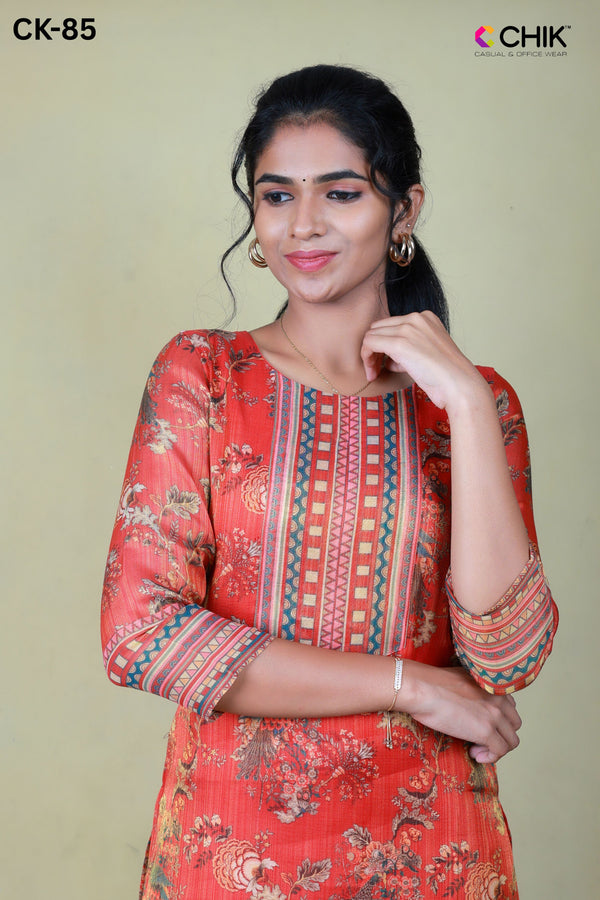 CK-85 Red  Colour Tissue Fabric Straight Cut Kuta Fit & Digital Print Top With Lining Length-44 Inch Sleeve 16 Inch.