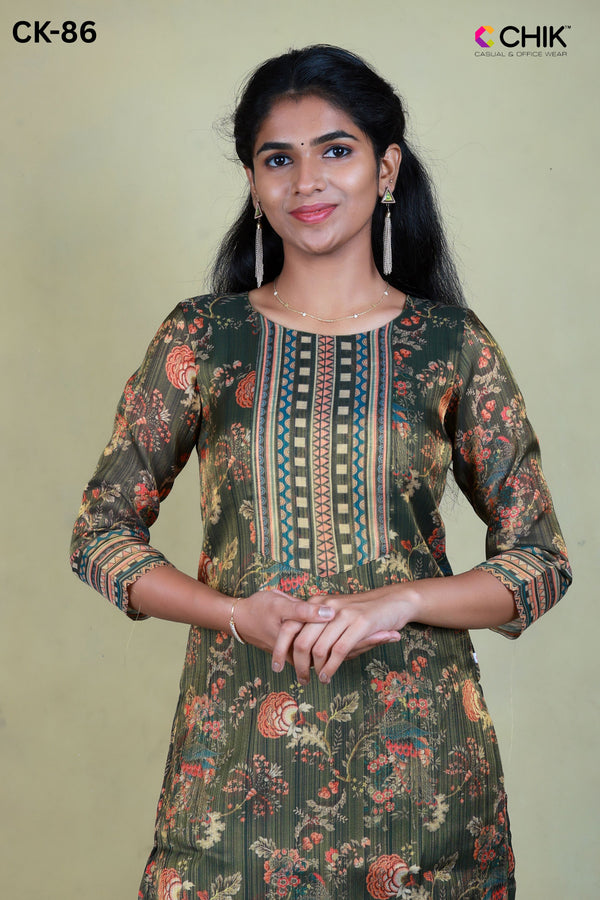 CK-86 Olive Green Colour Tissue Fabric Straight Cut Kuta Fit & Digital Print Top With Lining Length-44 Inch Sleeve 16 Inch.