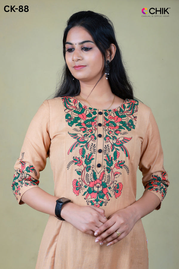 CK-88 Beige  Colour Linen Cotton Fabric Anarkali Fit & Placement Floral Print Top Length-46 , Sleeve-16.