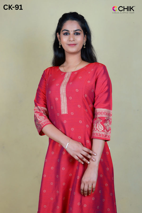 CK-91 Mejanta Colour Raw Silk Fabric Anarkali Fit & Geometric Gold  Placement Print Top Length-46' Sleeve-16'.