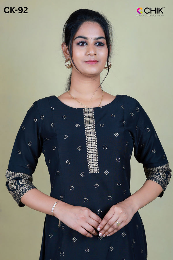 CK-92 Black  Colour Raw Silk Fabric Anarkali Fit & Geometric Gold  Placement Print Top Length-46' Sleeve-16'.