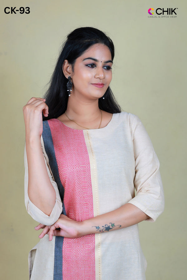 CK-93 CREAM COLOUR COTTON FABRIC STRAIGHT CUT FIT & ONE SIDE WEAVING DOBBY DESIGN TOP LENGTH-44' SLEEVE-16'.