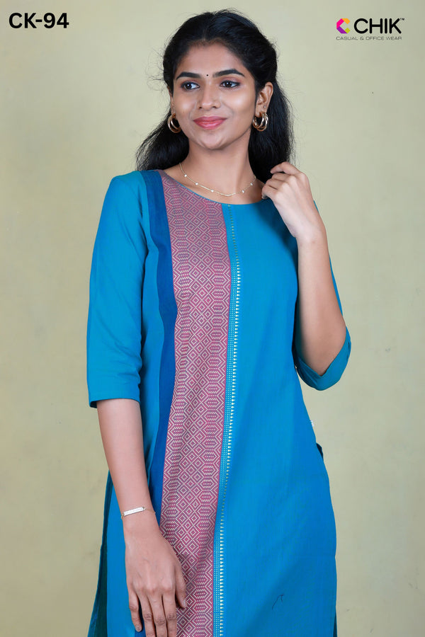 CK-94 RAMA BLUE COLOUR COTTON FABRIC STRAIGHT CUT FIT & ONE SIDE WEAVING DOBBY DESIGN TOP LENGTH-44' SLEEVE-16'.