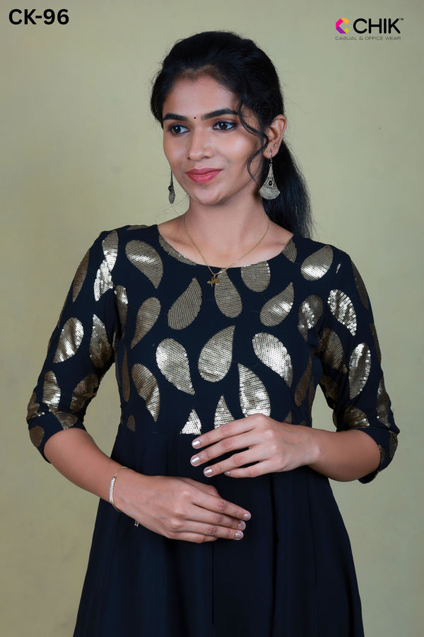 CK-96 BLACK COLOUR GEORGETTE FABRIC ANARKALI FIT & YOKE SEQUENCE EMBROIDERY WORK WITH LINING TOP LENGTH-46' SLEEVE-16'. NEED META DISCRIPTION 160 CHARACTERS