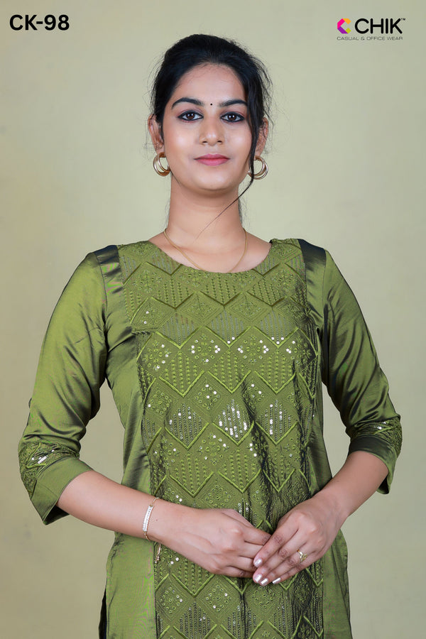 CK-98 OLIVE GREEN COLOUR SATIN SILK FABRIC STRAIGHT CUT KURTA FIT & SEQUENCE EMBROIDERY WORK TOP LENGTH-44'SLEEVE-16'.