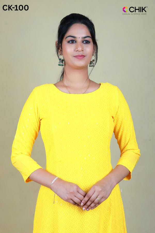 CK-100 MANGO YELLOW COLOUR RAYON HAKOBA FABRIC ANARKALI FIT & ALL OVER CHIKANKARI EMBROIDERY WORK TOP LENGTH-46' SLEEVE-16'.