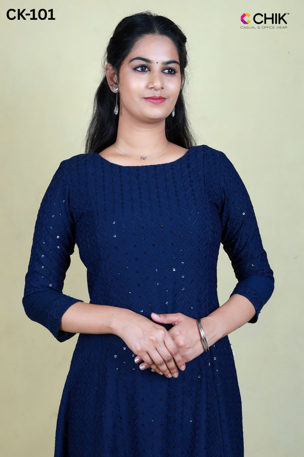 CK-101 NAVY BLUE COLOUR RAYON HAKOBA FABRIC ANARKALI FIT & ALL OVER CHIKANKARI EMBROIDERY WORK WITH SEQUENCE TOP LENGTH-46' SLEEVE-16'.