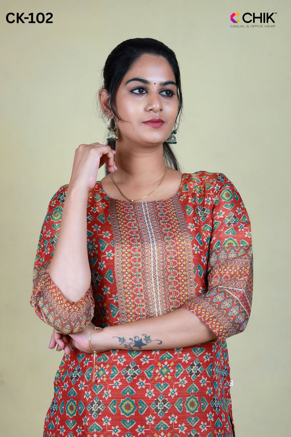 CK-102 RED COLOUR TISSUE FABRIC STRAIGHT CUT KURTA FIT & ALL OVER FLORAL DIGITAL PRINT WITH LINING TOP LENGTH-44' SLEEVE-16'.
