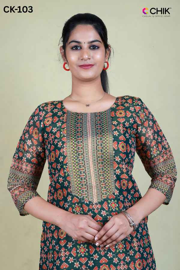 CK-103 GREEN COLOUR TISSUE FABRIC STRAIGHT CUT KURTA FIT & ALL OVER FLORAL DIGITAL PRINT WITH LINING TOP LENGTH-44' SLEEVE-16'.