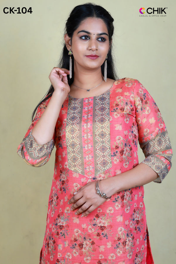 CK-104 LIGHT PINK  COLOUR TISSUE FABRIC STRAIGHT CUT KURTA FIT & ALL OVER FLORAL DIGITAL PRINT WITH LINING TOP LENGTH-44' SLEEVE-16'.