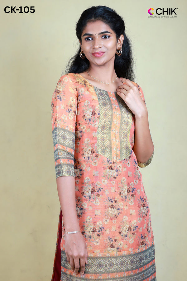 CK-105  ORANGE  COLOUR TISSUE FABRIC STRAIGHT CUT KURTA FIT & ALL OVER FLORAL DIGITAL PRINT WITH LINING TOP LENGTH-44' SLEEVE-16'.
