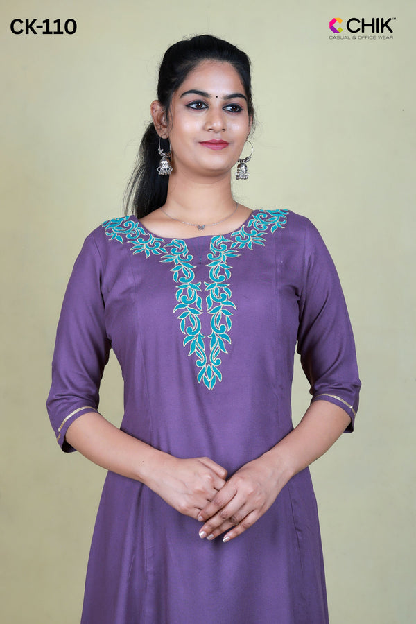 CK-110 VIOLET COLOUR RAYON FABRIC ANARKALI FIT & FLORAL EMBROIDERY WORK TOP LENGTH-46' SLEEVE-16'.