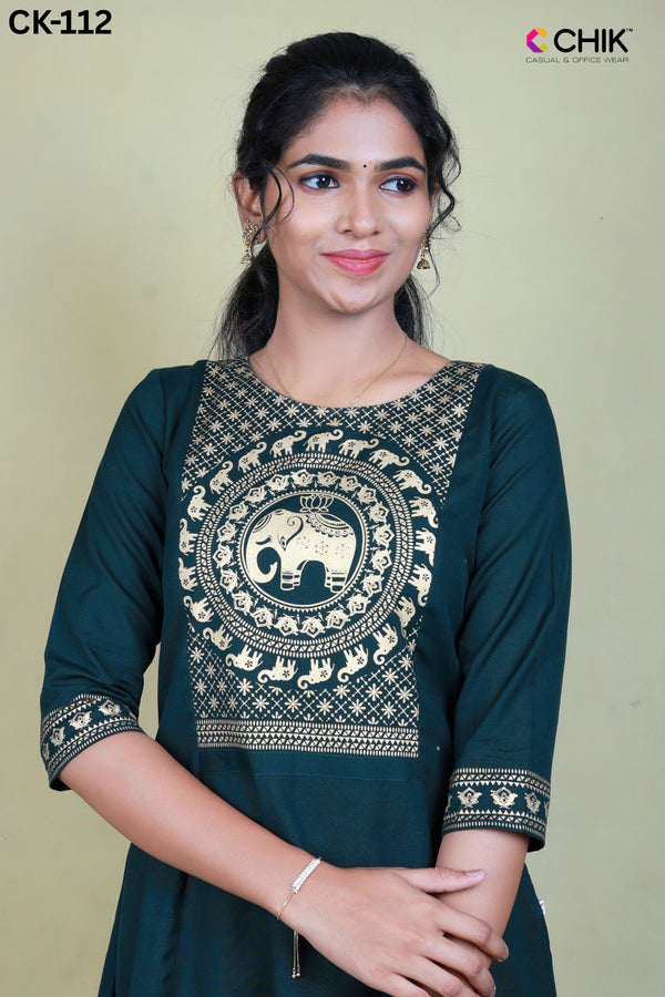 CK-112 BOTTLE GREEN COLOUR LINEN FABRIC ANARKALI FIT & PLACEMENT GOLD PRINT TOP LENGTH-46' SLEEVE-16'.