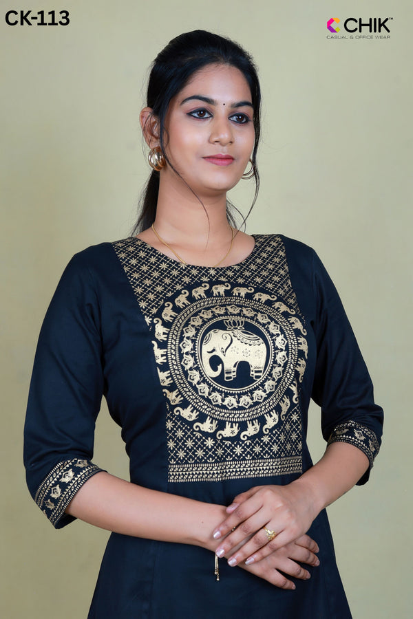 CK-113 BLACK COLOUR LINEN FABRIC ANARKALI FIT & PLACEMENT GOLD PRINT TOP LENGTH-46' SLEEVE-16'.