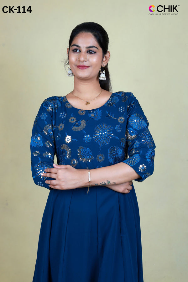 CK-114 BLUE COLOUR GEORGETTE FABRIC ANARKALI FIT & YOKE OVER ALL SEQUENCE EMBROIDERY WORK WITH LINING TOP LENGTH-46'SLEEVE-16'.