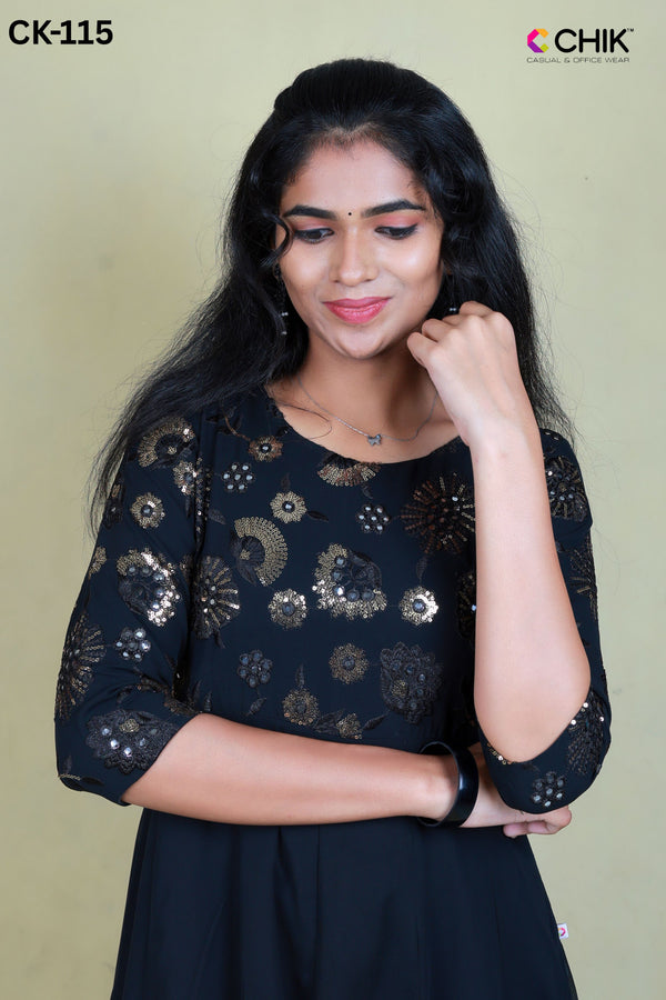 CK-115 BLACK COLOUR GEORGETTE FABRIC ANARKALI FIT & YOKE OVER ALL SEQUENCE EMBROIDERY WORK WITH LINING TOP LENGTH-46'SLEEVE-16'.