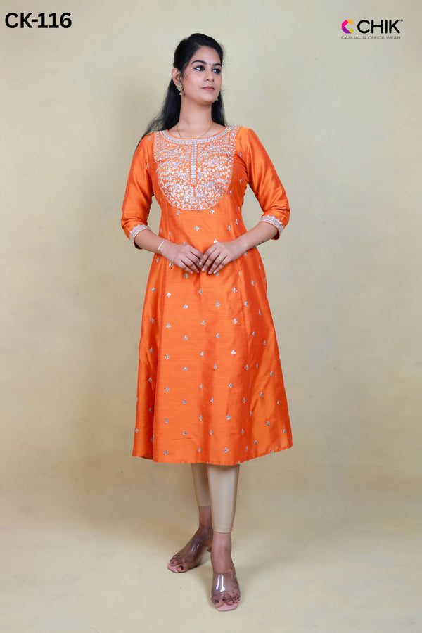 CK-116 ORANGE COLOUR RAW SILK FABRIC ANARKALI FIT & FLORAL SEQUENCE EMBROIDERY WORK WITH GOLD ZARI TOP LENGTH-46' SLEEVE-16'.