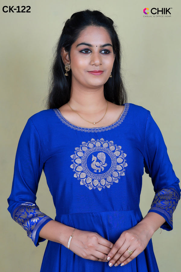 CK-122 RAYOL BLUE COLOUR RAW SILK FABRIC FULL FLARE ANARKALI FIT & PEACOCK EMBROIDERY WORK WITH GOLD ZARI TOP LENGTH-52' SLEEVE-16.