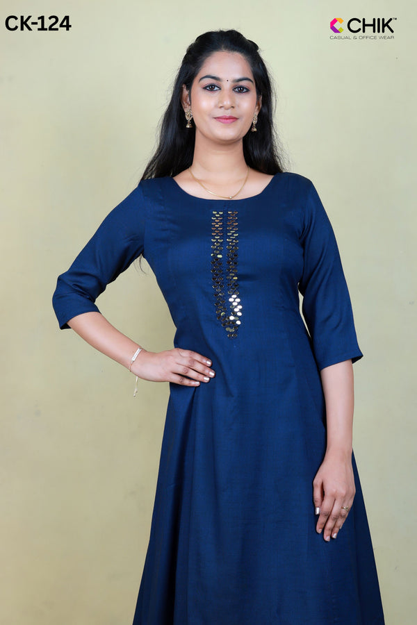 CK-124 NAVY BLUE COLOUR RAYON FABRIC ANARKALI FIT & MIRROR EMBROIDERY WORK TOP LENGTH-46' SLEEVE-16'.