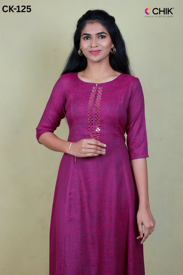 CK-125  DARK PURPLE COLOUR RAYON FABRIC ANARKALI FIT & MIRROR EMBROIDERY WORK TOP LENGTH-46' SLEEVE-16'.