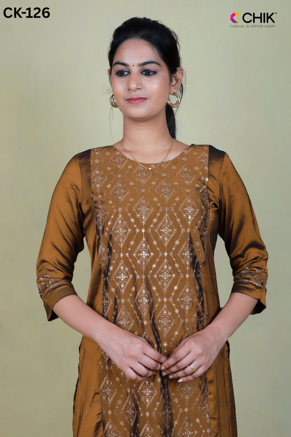 CK-126 MUSTARD YELLOW COLOUR SATIN SILK FABRIC STRAIGHT CUT KURTA FIT & ALL OVER SEQUENCE EMBROIDERY WORK TOP LENGTH-44' SLEEVE-16'.