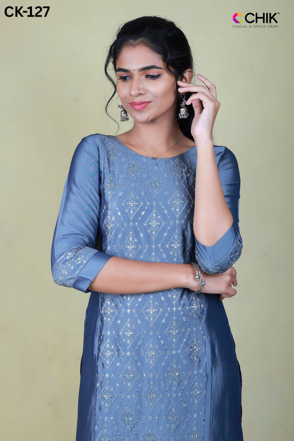 CK-127 GRAY  COLOUR SATIN SILK FABRIC STRAIGHT CUT KURTA FIT & ALL OVER SEQUENCE EMBROIDERY WORK TOP LENGTH-44' SLEEVE-16'.