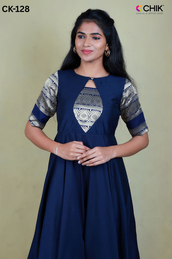 CK-128 NAVY BLUE COLOUR RAW SILK FABRIC FULL FLARE ANARKALI FIT & ZARI BORDER PATCH WORK TOP LENGTH-52' SLEEVE- ELBOW LENGTH.