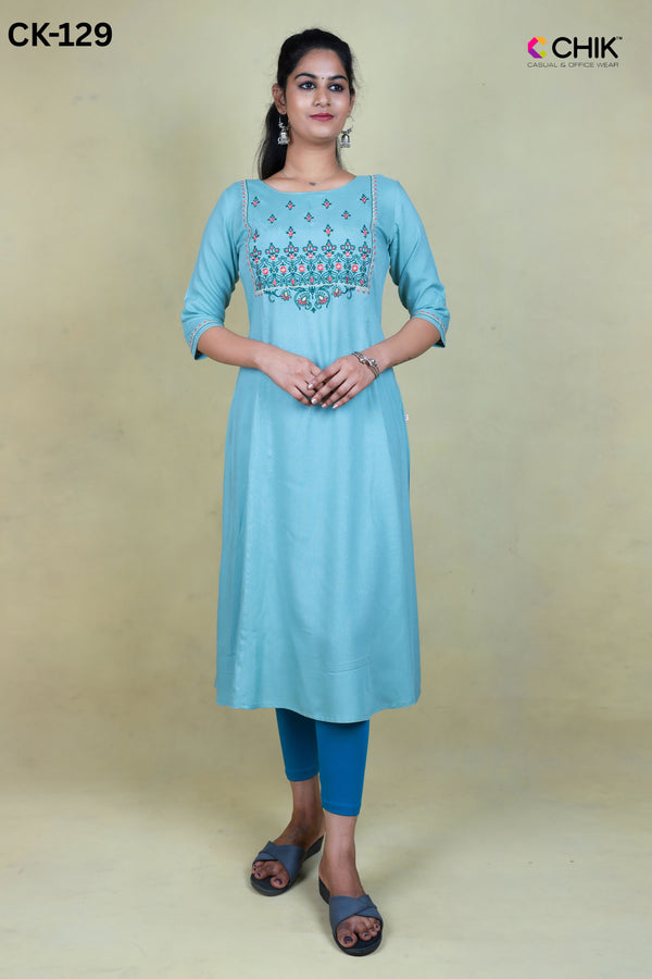 CK-129 SKY BLUE COLOUR RAYON FABRIC ANARKALI FIT & YOKE FLORAL EMBROIDERY WORK TOP LENGTH-46' SLEEVE-16'.