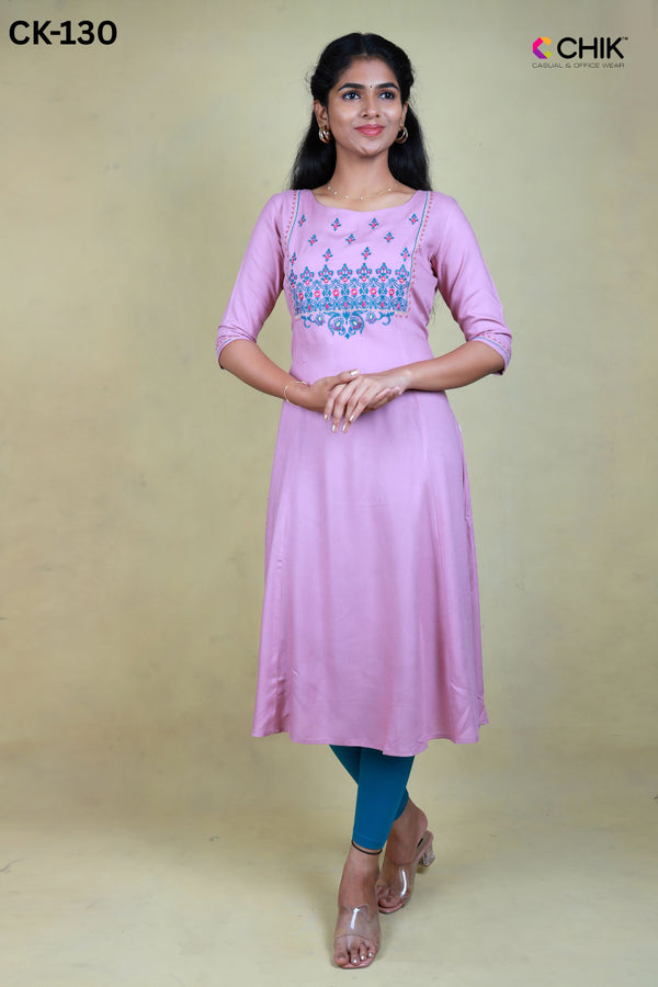CK-130 LIGHT PINK COLOUR RAYON FABRIC ANARKALI FIT & YOKE FLORAL EMBROIDERY WORK TOP LENGTH-46' SLEEVE-16