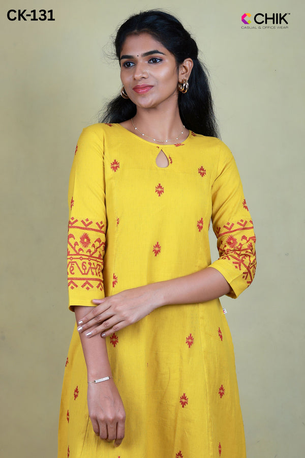 CK-131 MUSTARD YELLOW COLOUR COTTON FABRIC ANARKALI FIT & JAMDANI ALL OVER BUTTAS WORK TOP LENGTH-46' SLEEVE LENGTH-16'.
