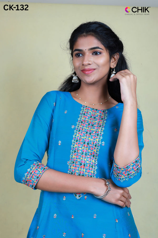 CK-132 RAMA BLUE COLOUR RAW SILK FABRIC ANARKALI FIT & YOKE EMBROIDERY WORK & SMALL BUTTAS WITH SEQUENCE TOP LENGTH-46' SLEEVE-16'.