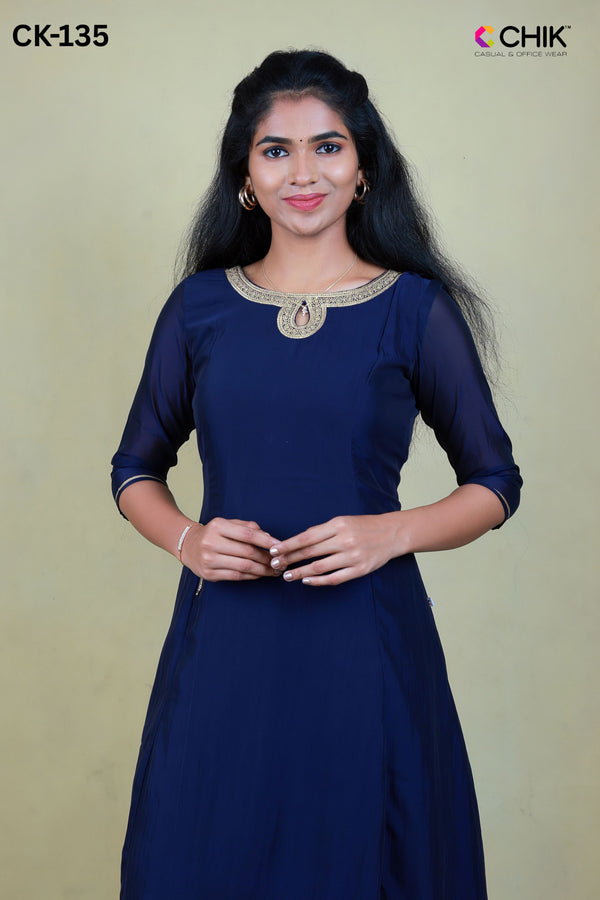 ck-135  NAVY BLUE COLOUR TWO TONE GEORGETTE FABRIC ANARKALI FIT & JEWELS INSPIRED  EMBROIDERY WORK WITH GOLD ZARI TOP LENGTH-46' SLEEVE-16'