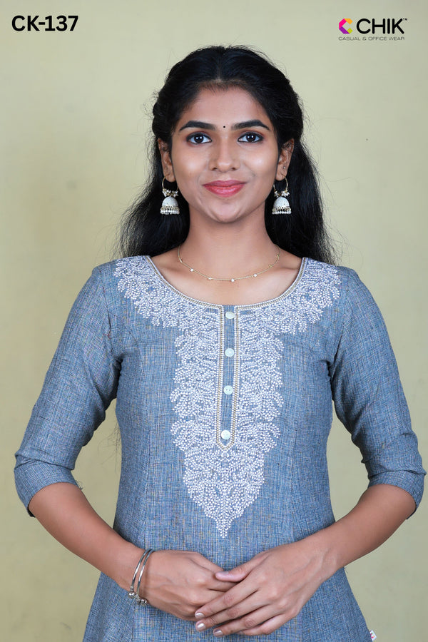 CK-137 LIGHT BLUE COLOUR SOUTH COTTON FABRIC ANARKALI FIT & YOKE CLASSIC EMBROIDERY WORK WITH BUTTONS TOP LENGTH-46' SLEEVE-16'