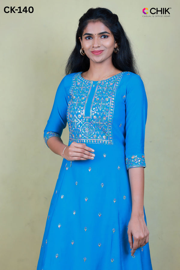 CK-140 ANANDA BLUE COLOUR RAW SILK FABRIC ANARKALI FIT & YOKE EMBROIDERY WORK ALL OVER BUTTAS  WITH SEQUENCE TOP LENGTH-46' SLEEVE-16'.