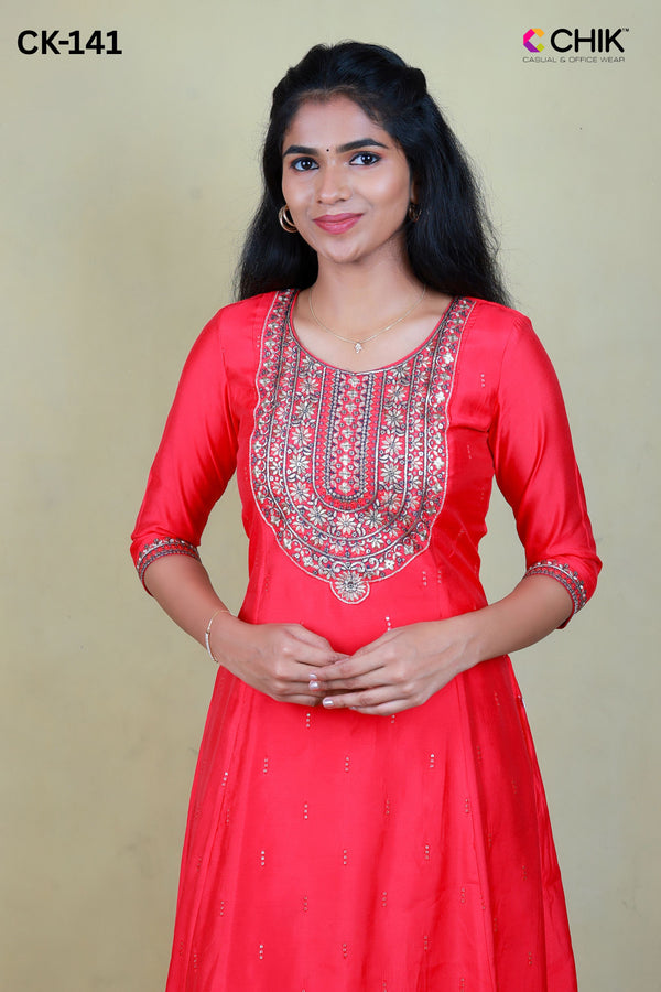 CK-141 DARK PINK COLOUR RAW SILK FABRIC ANARKALI FIT & YOKE EMBROIDERY WORK & ALL OVER BUTTAS WITH SEQUENCE TOP LENGTH-46' SLEEVE-16'.