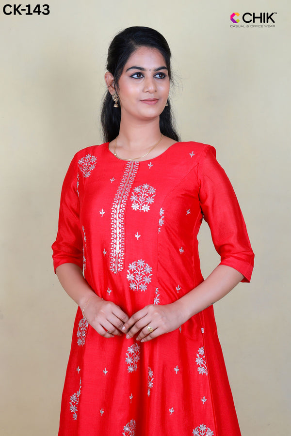 CK-143 DARK PINK COLOUR VICHITRA GEORGETTE FABRIC ANARKALI FIT & ALL OVER  SEQUNCE EMBROIDERY WORK WITH LINING TOP LENGTH-46' SLEEVE-16'.