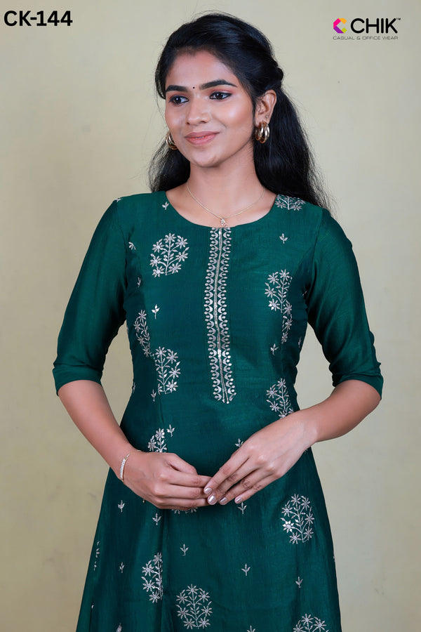 CK-144 BOTTLE GREEN  COLOUR VICHITRA GEORGETTE FABRIC ANARKALI FIT & ALL OVER  SEQUNCE EMBROIDERY WORK WITH LINING TOP LENGTH-46' SLEEVE-16'.