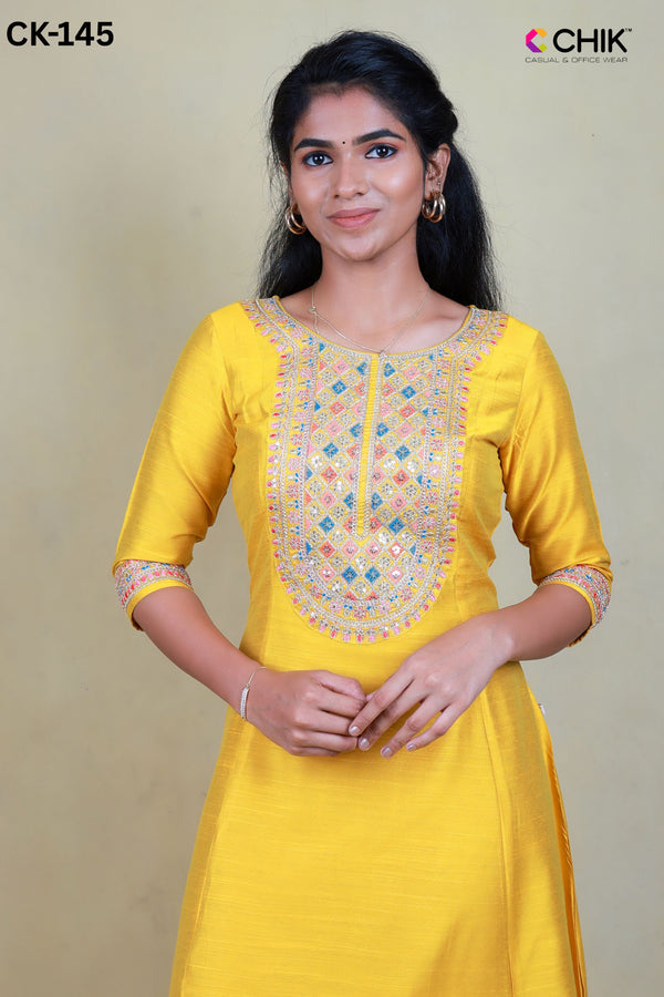 CK-145 MUSTARD YELLOW COLOUR RAW SILK FABRIC ANARKALI FIT & YOKE EMBROIDERY WORK WITH SEQUENCE TOP LENGTH-46' SLEEVE-16.