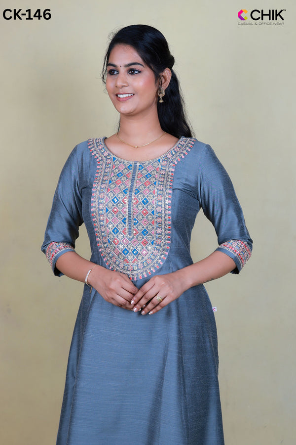 CK-146 DARK GRAY COLOUR RAW SILK FABRIC ANARKALI FIT & YOKE EMBROIDERY WORK WITH SEQUENCE TOP LENGTH-46' SLEEVE-16.