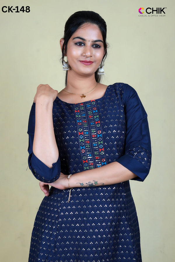 CK-148 NAVY BLUE CLOUR RAW SILK FABRIC ANARKALI FIT &  NECK EMBROIDERY WORK & ALL OVER SEQUENCE EMBROIDERY BUTTAS TOP LENGTH-46' SLEEVE-16'.